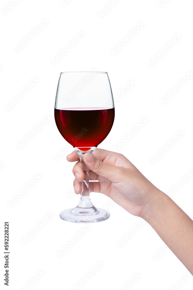 Hand hold glass of red wine isolated on white background.