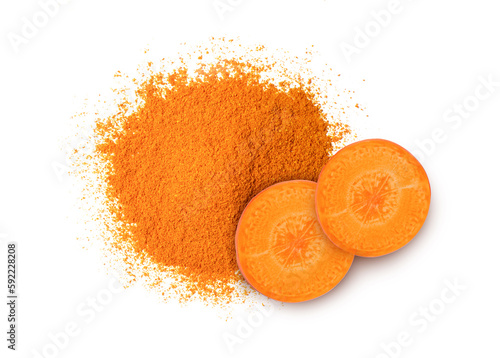 Carrot powder and fresh carrot slices isolated on white background. Top view. Flat lay.