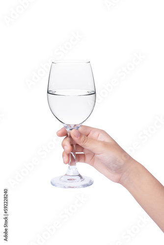 Hand hold glass of water isolated on white background.