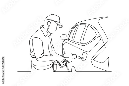 Single one line drawing Gas Station Worker refueling car. Gas station concept. Continuous line draw design graphic vector illustration.