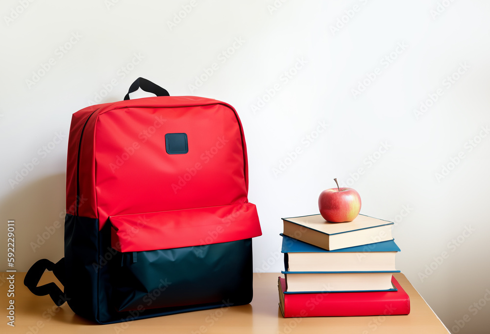 School backpack with stack of books and an apple on a table in classroom. Back to school. Generative ai School backpack with stack of books and an apple on a table in classroom. Back to school. Generative ai