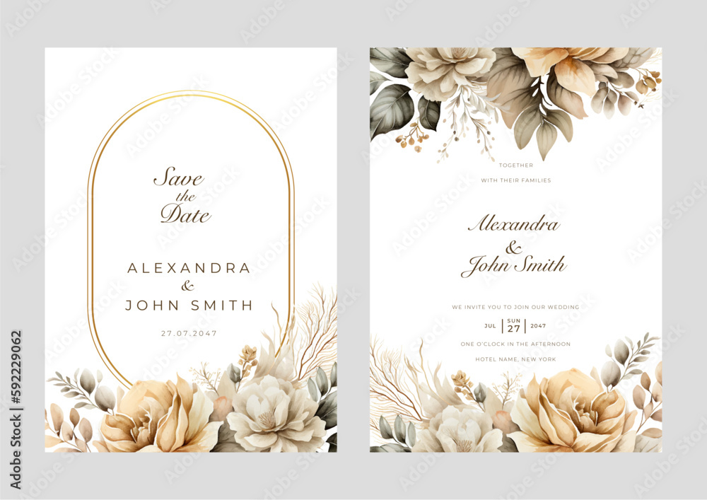Set of Dry rose Elegant golden brown watercolor flower wedding invitation design template - obrazy, fototapety, plakaty 
