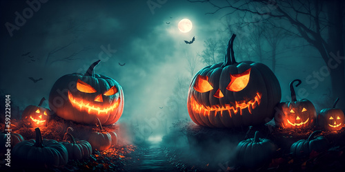 Scary pumpkins in spooky scary dark night, full moon, mystical fog. Halloween banner background. Generative ai