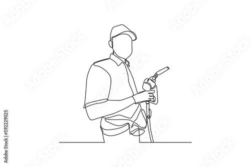 Single one line drawing Gas Station Worker refueling car. Gas station concept. Continuous line draw design graphic vector illustration.