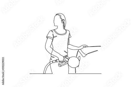 Single one line drawing Young woman refueling car at self service gas station. Gas station concept. Continuous line draw design graphic vector illustration.