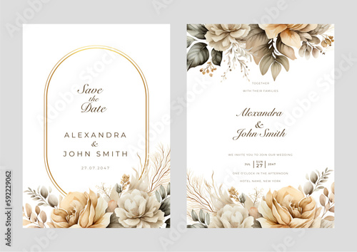 Fototapete Set of Dry rose Elegant golden brown watercolor flower wedding invitation design