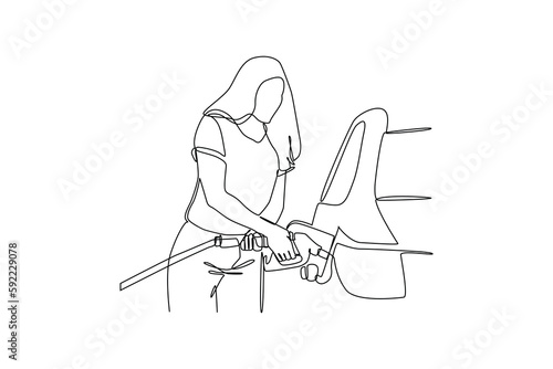 Single one line drawing Young woman refueling car at self service gas station. Gas station concept. Continuous line draw design graphic vector illustration.
