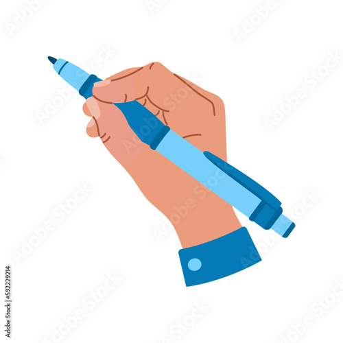 Pen in male hand. Hand drawn vector illustration isolated on white background, modern flat cartoon style.