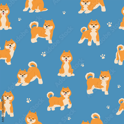 Seamless pattern with cute shiba inu dogs. Funny japanese smiling animals. Hand drawn vector illustration isolated on blue background  flat cartoon style.