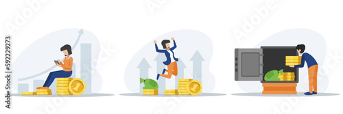 Set of cartoon characters of young people saving their money to get income. Concept of banking services. Modern finance management process. Business investment profit. Vector