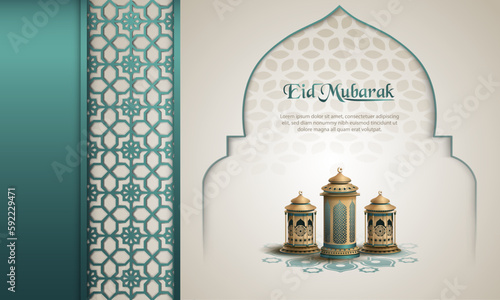islamic greeting eid mubarak card design with islamic pattern and lanterns