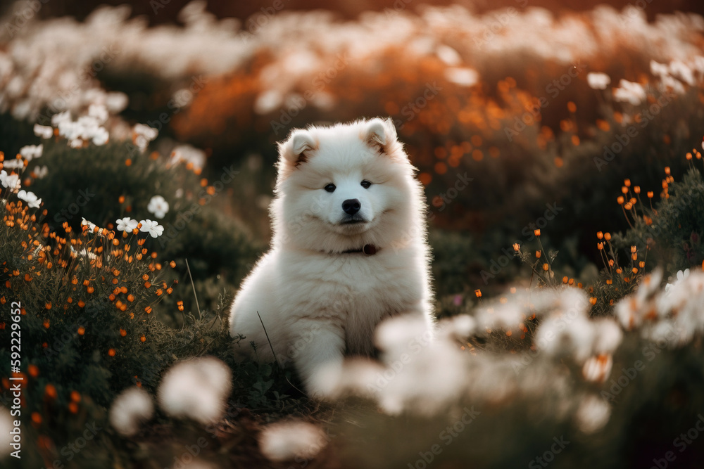 Samoyed sitting in flower field. Not an actual real pet. No image props were used. Digitally generated AI image Samoyed sitting in flower field. Not an actual real pet. No image props were used. Digitally generated AI image