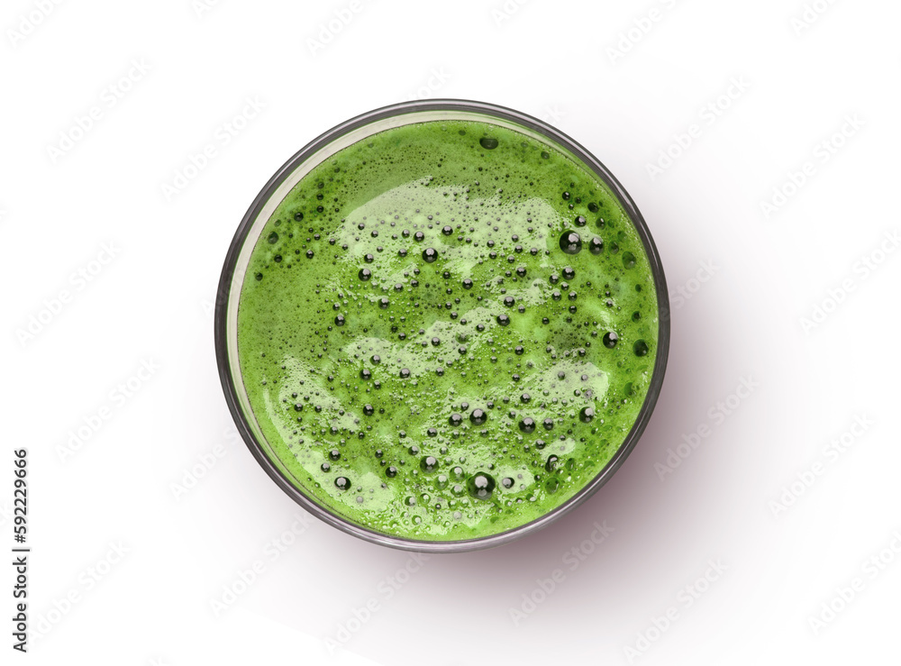 Glass of fresh green smoothie juice isolated on white background, top view, flat lay. Clipping path. Glass of fresh green smoothie juice isolated on white background, top view, flat lay. Clipping path.