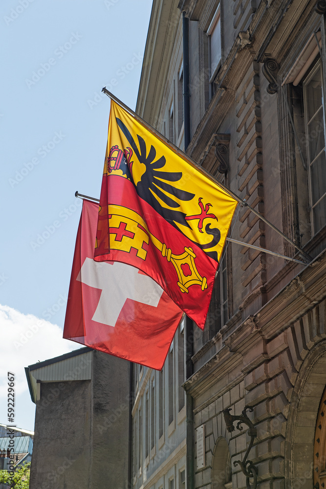 Genfer und Schweizer Fahne, Genf, Schweiz