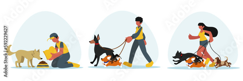 Set of cartoon characters from volunteering organizations with dogs. Time for walking dogs. Social active youth. Charity and donations for domestic animals. Vector