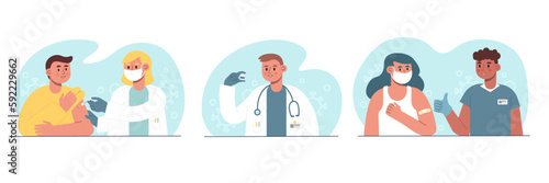 Set of cartoon characters getting protection from Covid 19 pandemic. Time for getting vaccines.Flu, influenza or coronavirus vaccination. Boosting immune system health. Vector