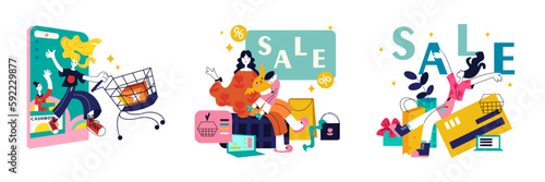 Set of colored cartoon characters doing shopping online at big sales. Process of buying goods via Internet. Electronic commerce and digital environment. Vector
