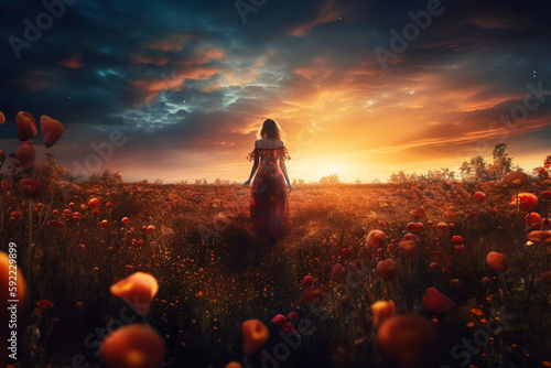 In my dreams. Woman in dress walks in field of flowers at late evening. Not an actual real person. Digitally generated AI image