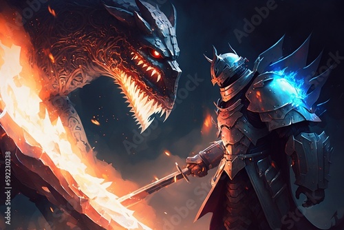 Knight in High-Tech Armor Suit Wields Huge Sword in Explosive Battle Against Giant Dragon. AI