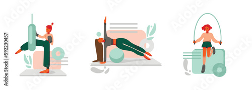 Set of cartoon characters of young women doing fitness. Time for boxing and yoga. Physical and spiritual practice. Reducing level of stress doing sports. Vector