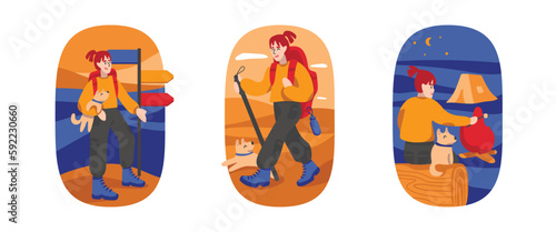 Set of cartoon characters of young women doing camping during their vacation. Time for camping. Sleeping in tent in forest. Process of traveling with pet. Vector