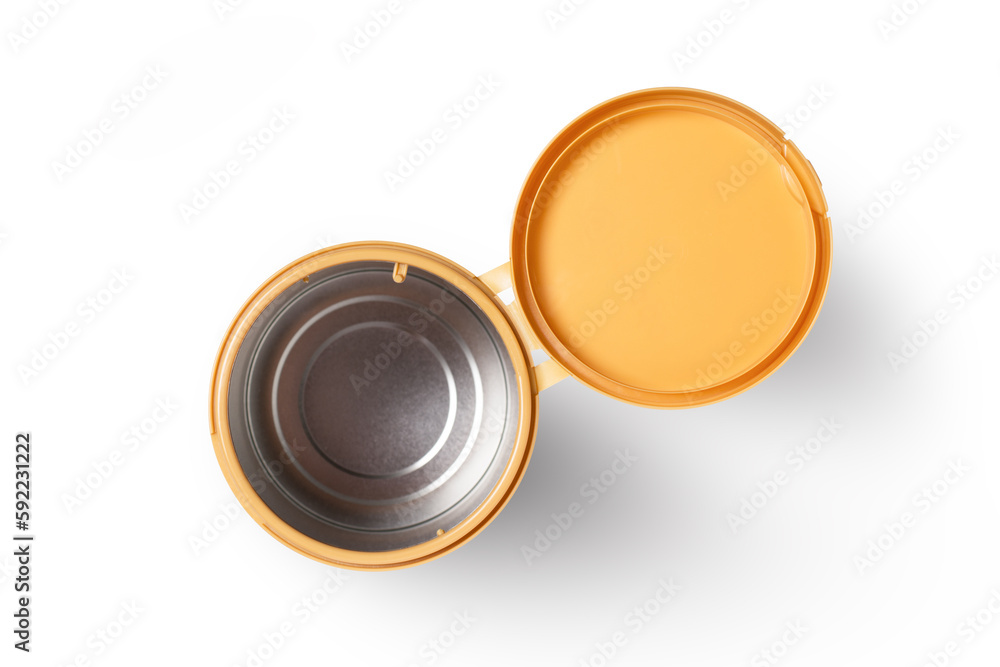 Empty aluminum can with lid isolated on white background with clipping path, top view, flat lay. Empty aluminum can with lid isolated on white background with clipping path, top view, flat lay.