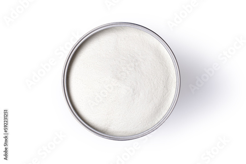 Collagen powder in can isolated on white background with clipping path, top view, flat lay.