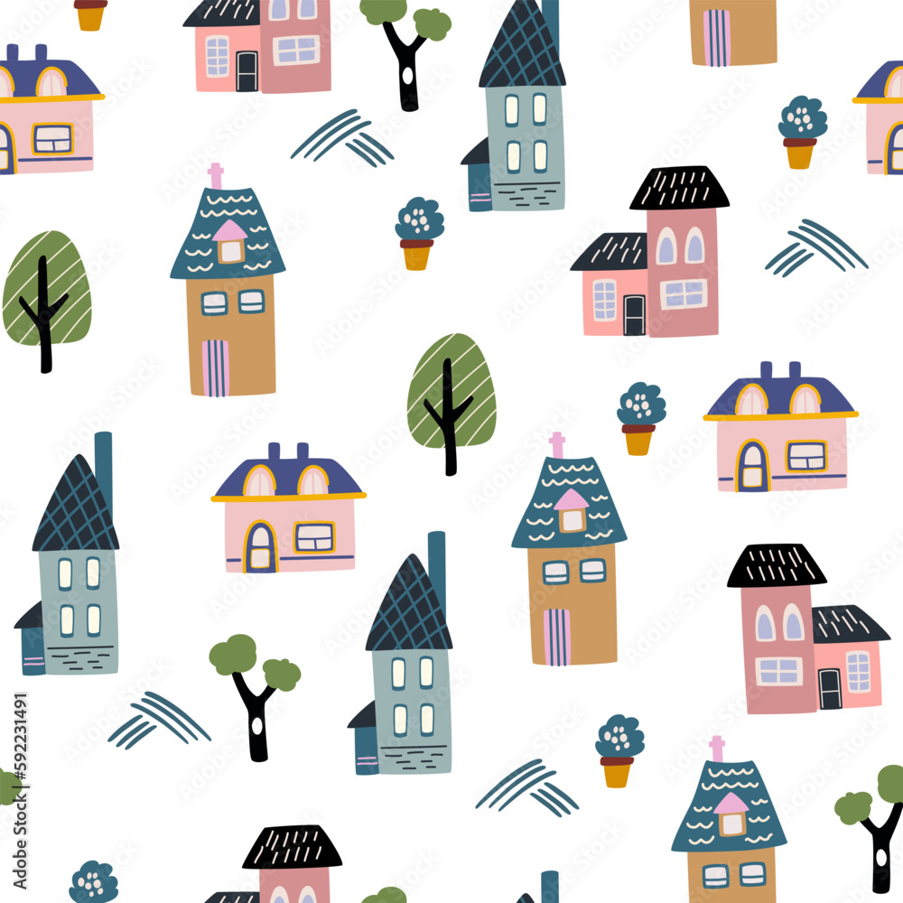 Houses seamless pattern. Urban Abstract background with different houses with hand drawn textures and shapes. Creative city for fabric, textile, wallpaper, wrapping paper design. Vector illustration