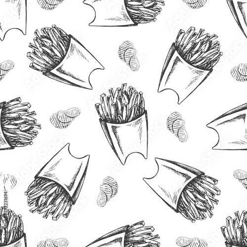 Vector vintage fast food seamless pattern. Hand drawn monochrome junk food illustration with potato chips and french fries. Great for menu, poster or restaurant background.
