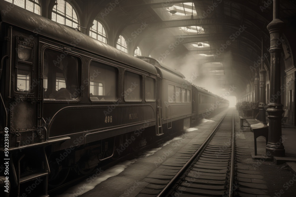 Train in the old train station at night. Retro style toned. Generative AI