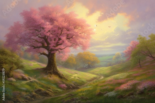 Beautiful spring landscape with blooming cherry tree. Digital painting. Generative AI