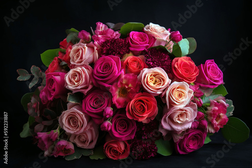 Bouquet of beautiful roses on black background. Digitally generated AI image © 0livia