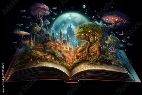 Magic book with fairy tale castle and magic trees. Fantasy world. Generative AI