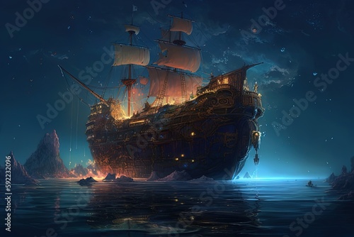 colossus frigate ship sailing in ocean under starfield night sky, fantasy theme concept background wallpaper, Generative Ai