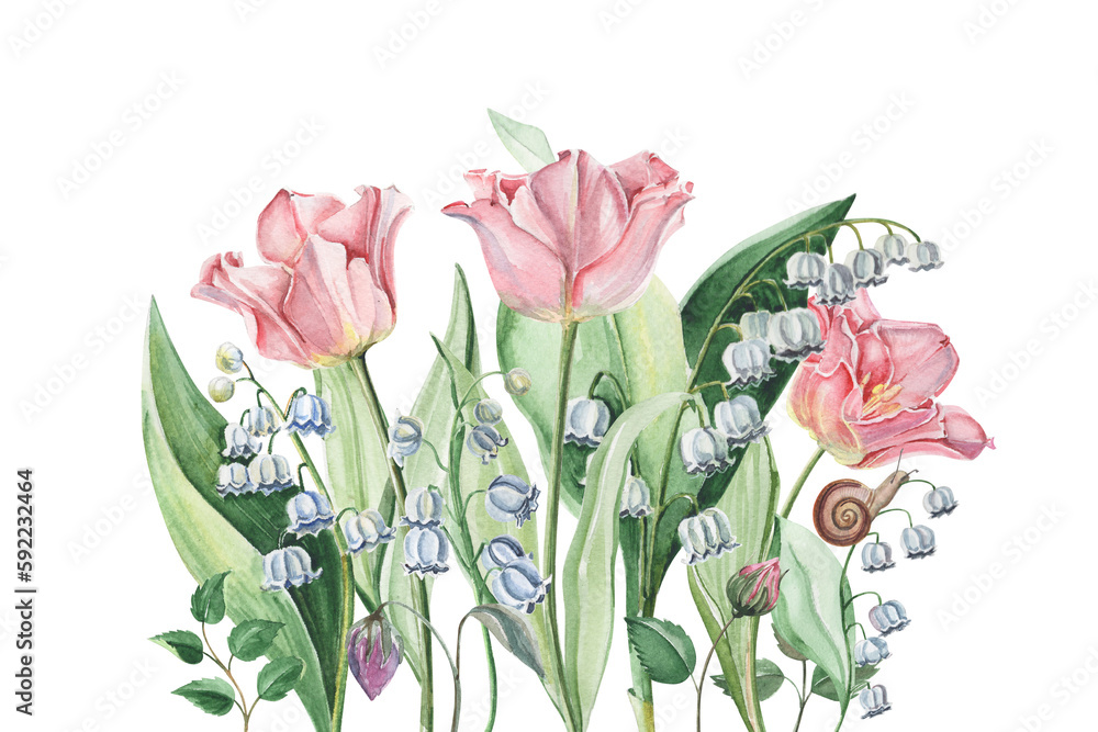Obraz premium Spring vintage illustration of bouquet for greeting card and postcard. Lily of the valley and pink tulips on white background.