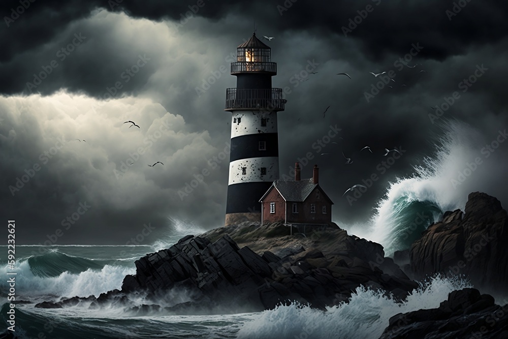 A gloomy lighthouse on a lonely rock during a storm