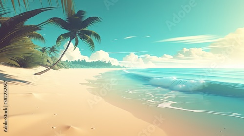 painting illustration style of beautiful white beach blue water seascape paradise bay on tropical island, idea for summer travel background wallpaper, Generative Ai © QuietWord