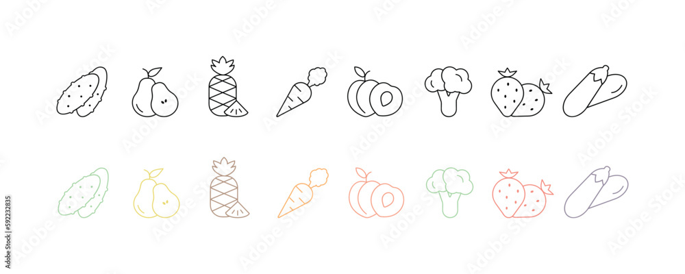 Set of outline fruits and vegetables icons. Pear, pineapple, broccoli, strawberry, cucumber, carrot. peach. Vector illustration collection. Healthy food concept.