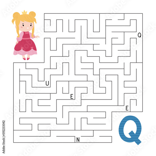 ABC maze game. Educational puzzle for children. Labyrinth with letters. Help queen find right way to the letter Q. Printable activity worksheet. Learn English language. Vector illustration.