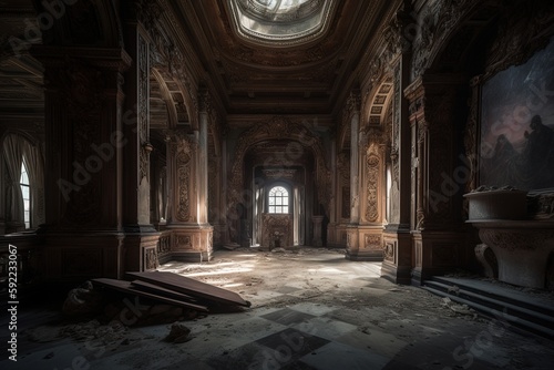 abandoned royal palace full with dust and mess, Generative Ai