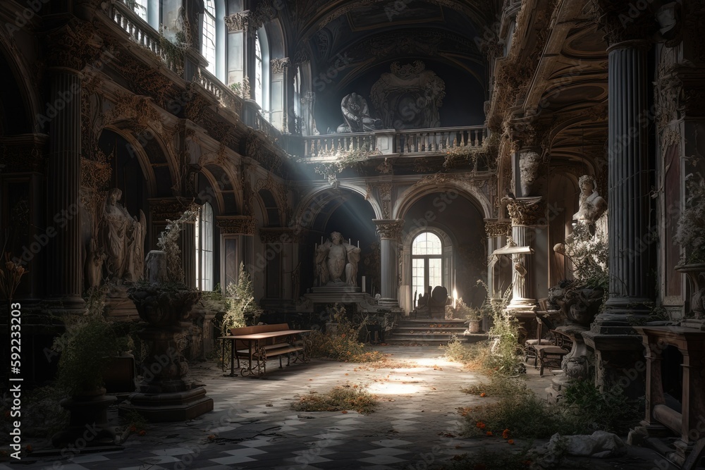 Fototapeta premium abandoned royal palace full with dust and mess, Generative Ai