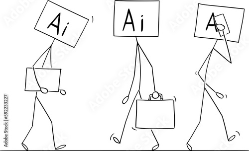 Ai or Artificial Intelligence Going to Work , Vector Cartoon Stick Figure Illustration
