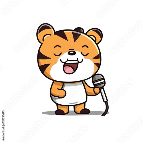 Mascot of cute tiger singing with microphone. Cartoon flat character vector illustration