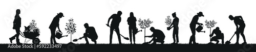 Silhouette of people planting trees various poses set collection. Family gardening and planting trees outdoor different poses silhouette set.