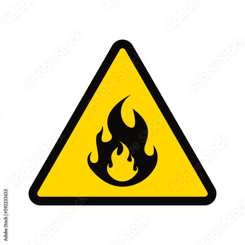 Yellow warning hazard symbol - flammable area, fire sign, yellow triangle -flame.