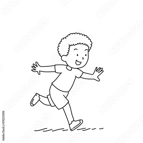 Happy child running outdoor in black and white outline