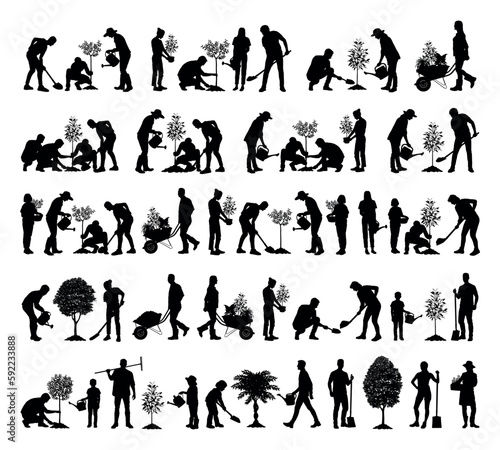 People planting trees silhouette set. Family gardening outdoor different poses silhouette set.