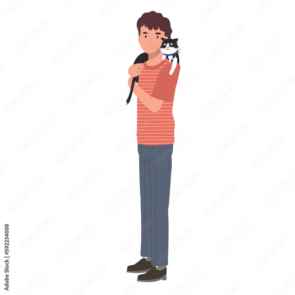 Cat lovers concept. a man holding, hugging, kissing his cat with love as a cat person. Flat vector cartoon illustration Cat lovers concept. a man holding, hugging, kissing his cat with love as a cat person. Flat vector cartoon illustration