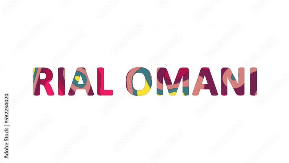 Multi-colored inscription Currency name RIAL OMANI with colored spots floating inside. Looped from frame 120 to 839, Alpha BW at the end Multi-colored inscription Currency name RIAL OMANI with colored spots floating inside. Looped from frame 120 to 839, Alpha BW at the end