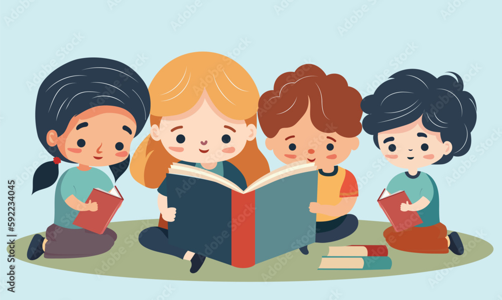 Children Characters Reading Books Together In Sitting Pose. Children Characters Reading Books Together In Sitting Pose.